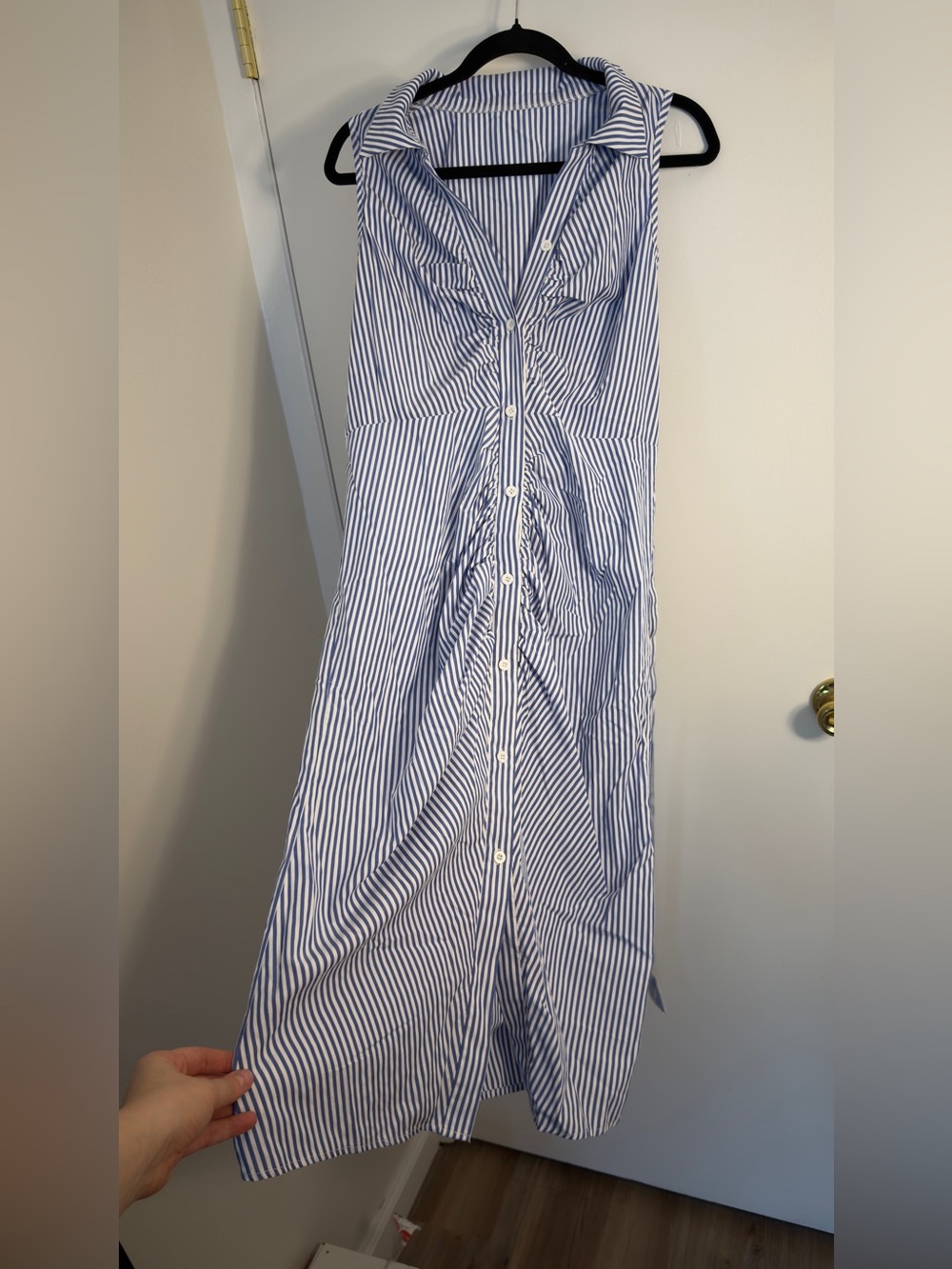 Sleeveless Blue and White Striped Midi Shirt Dress